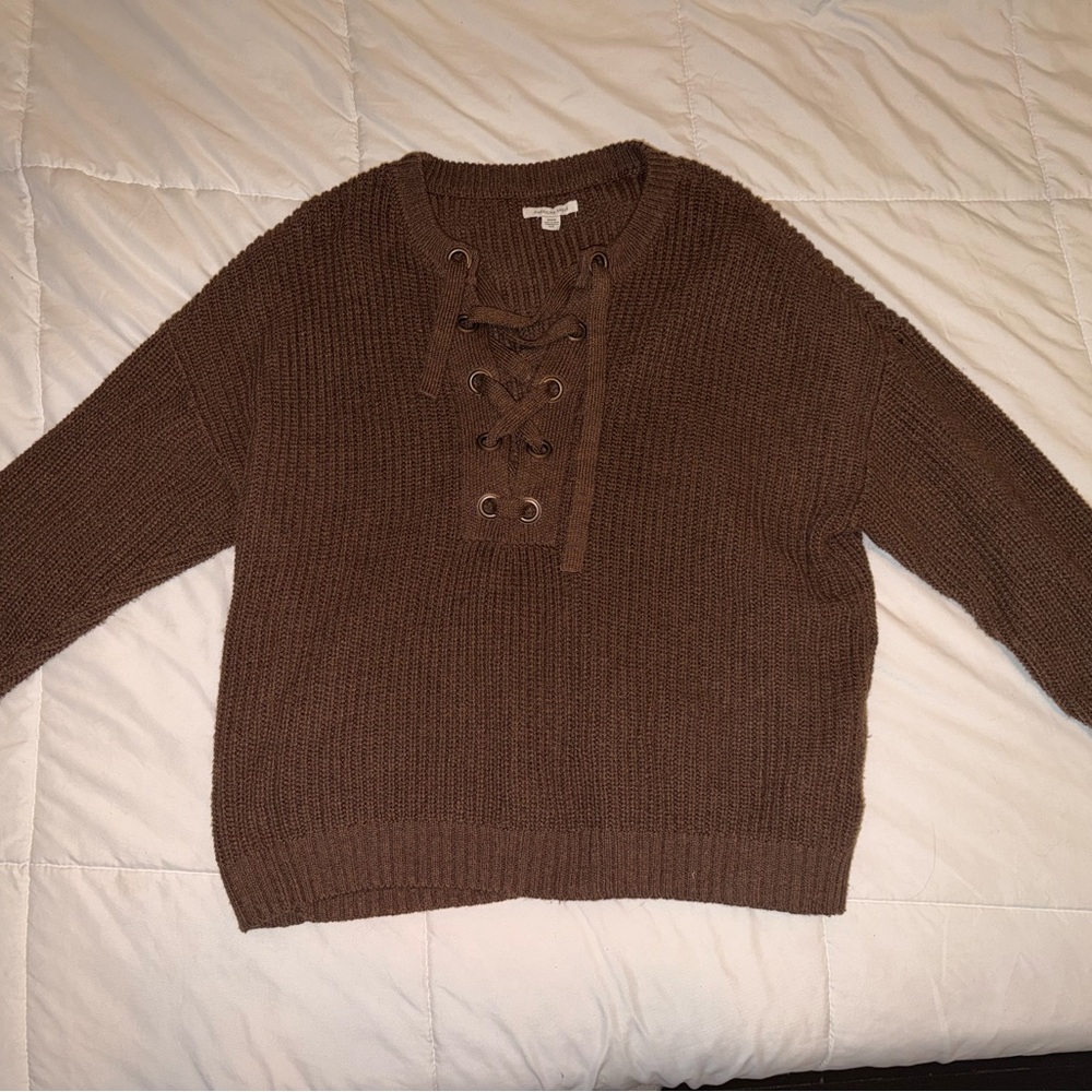 American Eagle Outfitters Brown Lace-Up Sweater